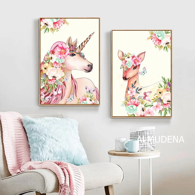 Картины в скандинавском стиле единорог Фламинго с цветами Картина на холсте