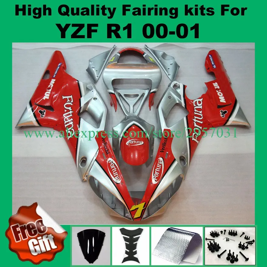 

Injection Mold Motorcycle Fairing Fit Yamaha YZF-R1 00 01 Red Silver YZF 1000 2000 2001 Body Kit Free screws+gifts
