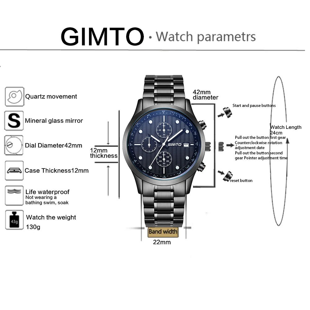 

GIMTO brand high quality men's sport watch fashion steel band quartz watch Multi-function analog clock Military Watches Relogio