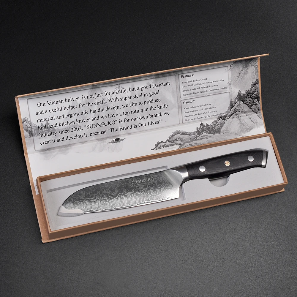 

Sunnecko 5" Santoku Knife Chef Kitchen Knives Damascus Japanese VG10 Steel Blade G10 Sanding Handle Sharp Fruit Cutter Tool