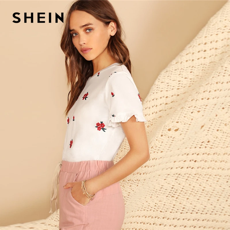 SHEIN Футболка С Цветочной Вышивкой И Оборками Весенняя Современная Женская Футболка С Круглым Вырезом