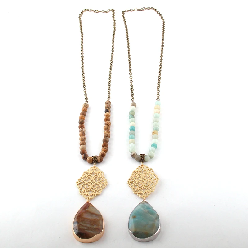 Fashion Bohemian Jewelry 8mm Stone and Chain Metal Grid Link Drop Necklaces For Women Ethnic Necklace | Украшения и аксессуары