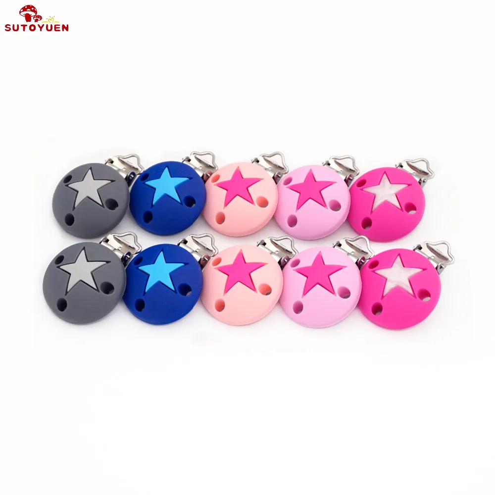 

Sutoyuen 10 pcs Round Shape Silicone Star Baby Teething Bead Pacifier Clips Dummy Infant Holder Clip Nursing Toy Accessory