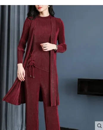 Комплект из трех предметов Miyake длинное Плиссированное пальто с длинным рукавом +