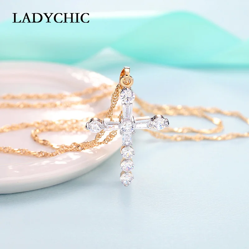 Женская подвеска с крестом LADYCHIC ожерелье золотистого цвета блестящим кристаллом