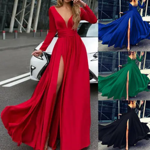 

Summer Autumn Women Full Sleeve V-neck Maxi Split Dress Evening Party Elegant Dresses Empire Waist Sundress Female Vestido