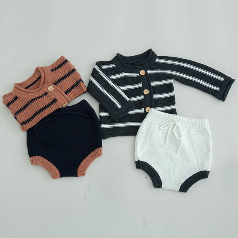 2019 Spring Autumn Girls Boys Horizontal Stripes Cardigan Coat + Shorts Kids Clothes Outfits Suits Children Clothing Sets | Детская