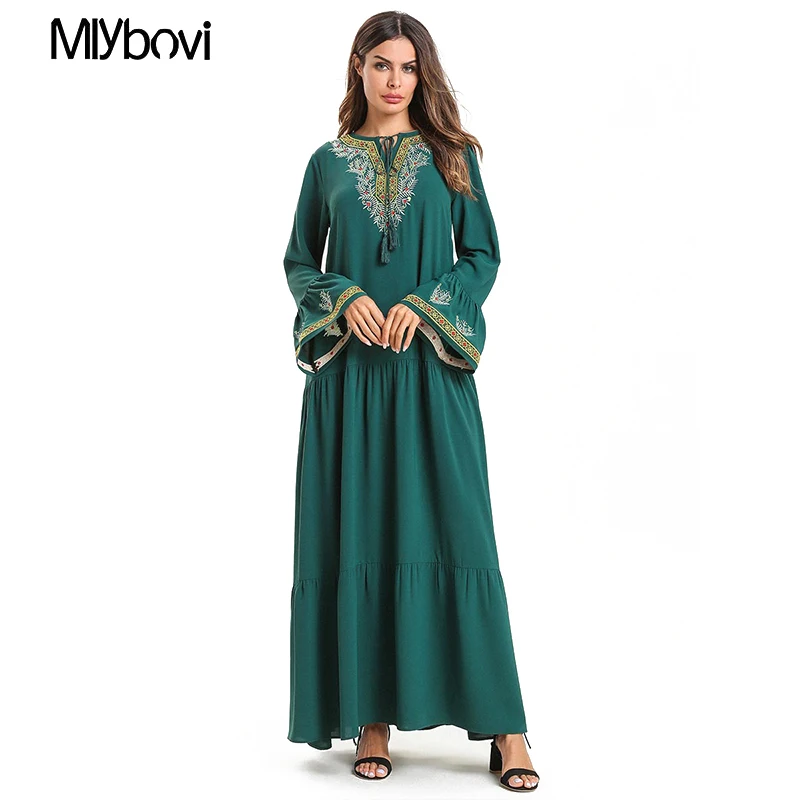 Зеленое мусульманское платье с вышивкой Abaya повседневные длинные халаты кимоно