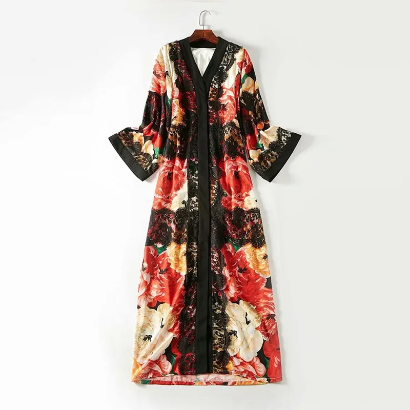 

2019 Women's Dress Temperament Printing Water Soluble Flower Decoration V-neck Loose Waist Bathrobe Dresses Spring Summer Female