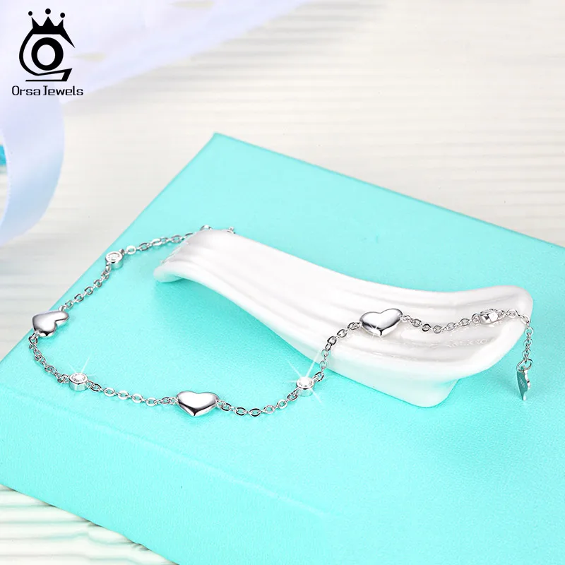 ORSA JEWELS, 925 пробы, серебряный браслет для женщин, 3 штуки, Настоящее серебро 925 пробы, браслеты с подвесками в виде сердца, вечерние ювелирные изделия SB02