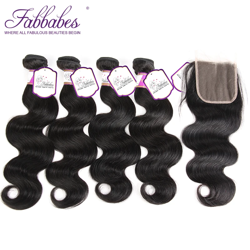 Fabbabes Hair Peruvian Body Wave With Closure 100% Remy Human 4 Bundles 4*4 Free Middle Part Lace | Шиньоны и парики