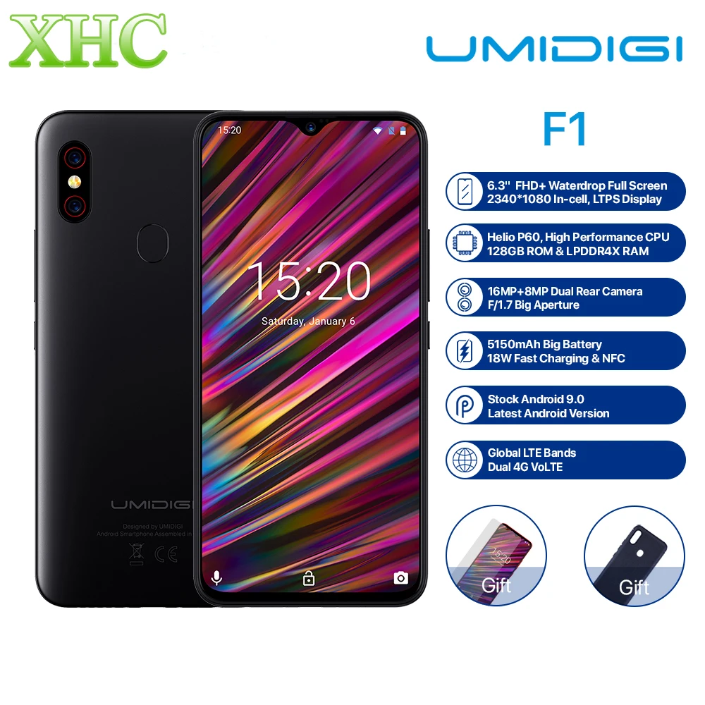 UMIDIGI F1 6,3 ''FHD+ Android 9,0 мобильный телефон 4 ГБ 128 ГБ Helio P60 Восьмиядерный сканер отпечатков пальцев NFC FCC Dual SIM 16 МП смартфон
