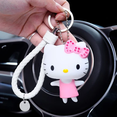 Милый мультяшный брелок hello kitty из кроличьего меха с помпонами, помпонами, брелок для женщин с кожаным ремешком, металлическое кольцо для ключей, цепочка для автомобильных сумок, брелок D35A - Цвет: 14