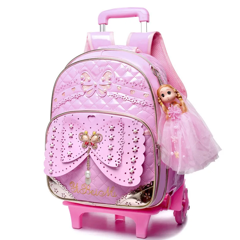 6 wheels pink Дети колёса съемный тележка детский школьный рюкзак школьные ранцы обувь для девочек Детская сумка принцесса школьный Mochilas Escolares - Цвет: 6 wheels pink