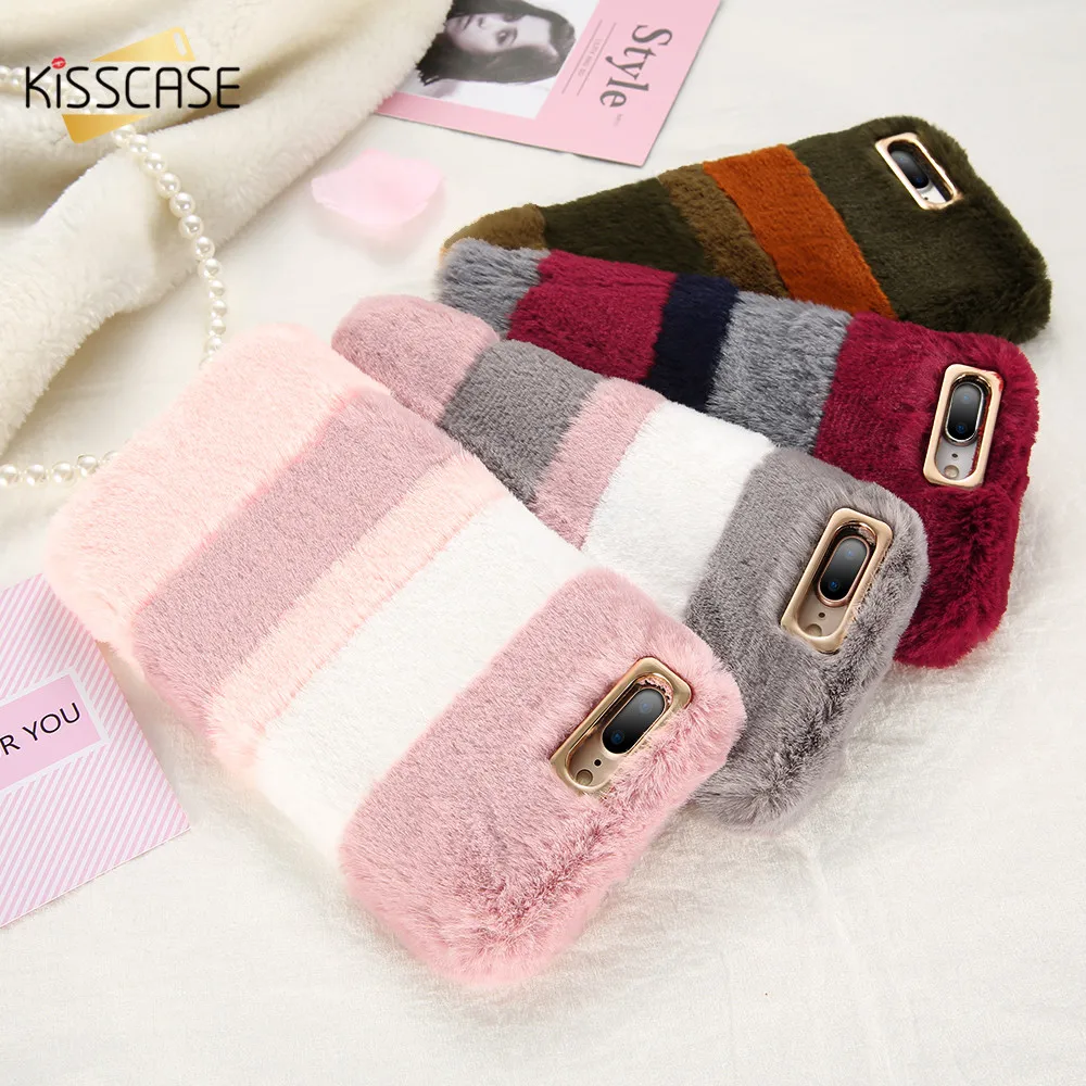 Kisscase Плюшевый чехол для iPhone 6S 6 7 8 Plus Cover Colorful Fluffy Fur Soft Phone Shells X 5S 5 SE Чехлы Fundas Coque на