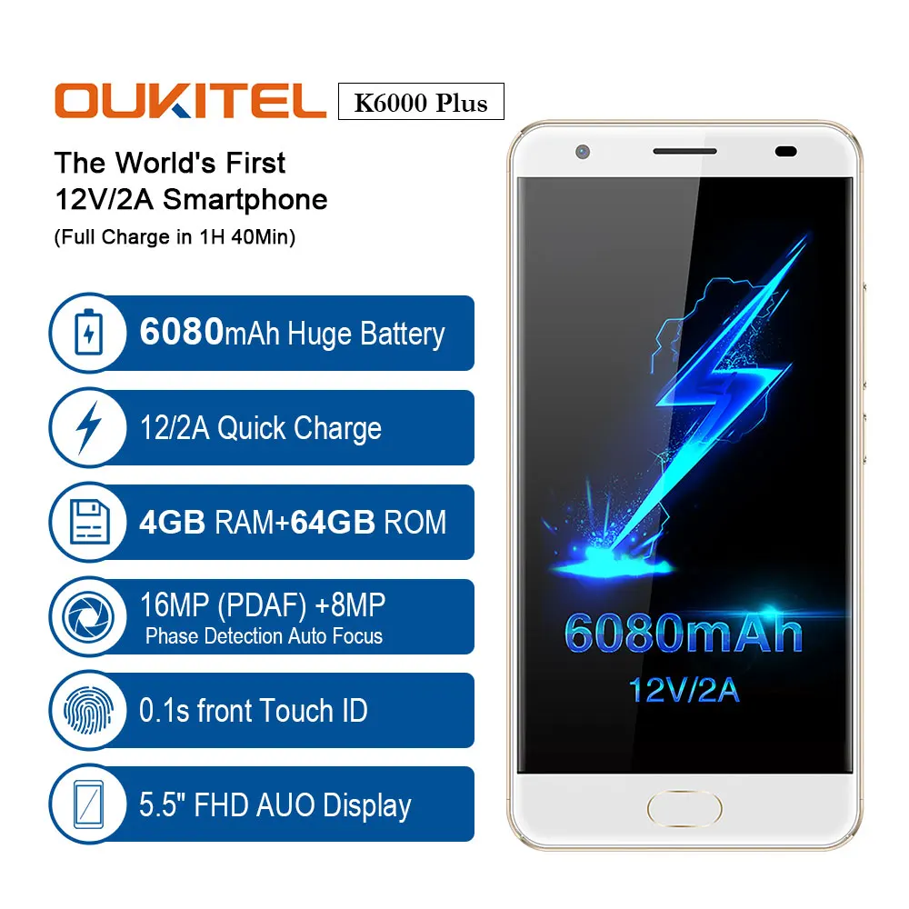 Оригинальный Oukitel K6000 плюс 5.5 &quotFHD Android 7.0 16mp Cam mtk6750t Восьмиядерный 4 ГБ Оперативная