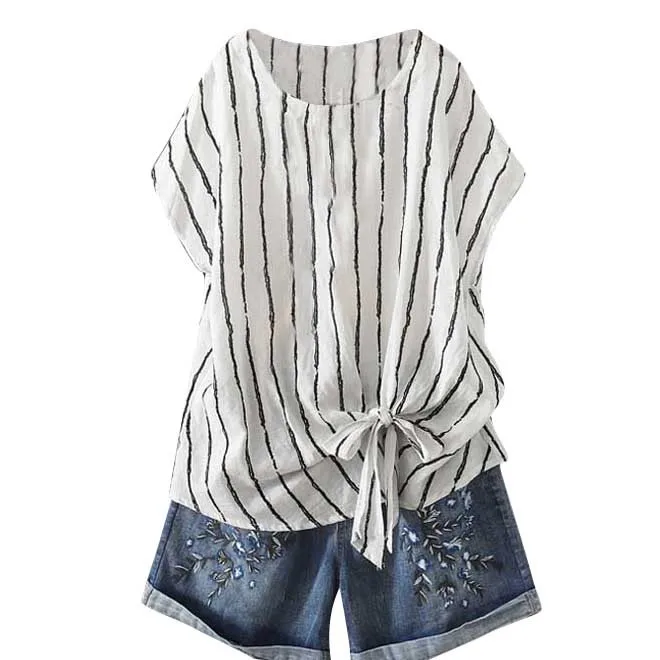 Женские топы больших размеров повседневные свободные льняные полосатые рубашки