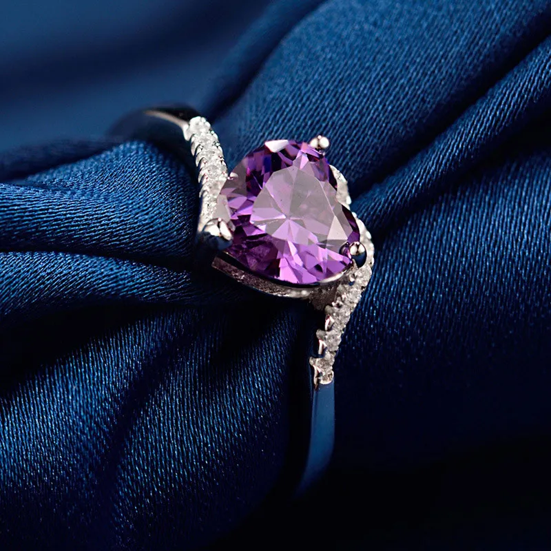 

Heart Purple 925 Sterling Silver CZ Finger Rings Love Promise Wedding Rings For Women Purple Crystal Rings for Women Gift