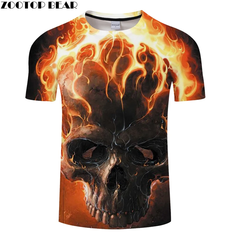 Мужская и женская футболка с 3D принтом Fire Skull Летние повседневные топы короткими