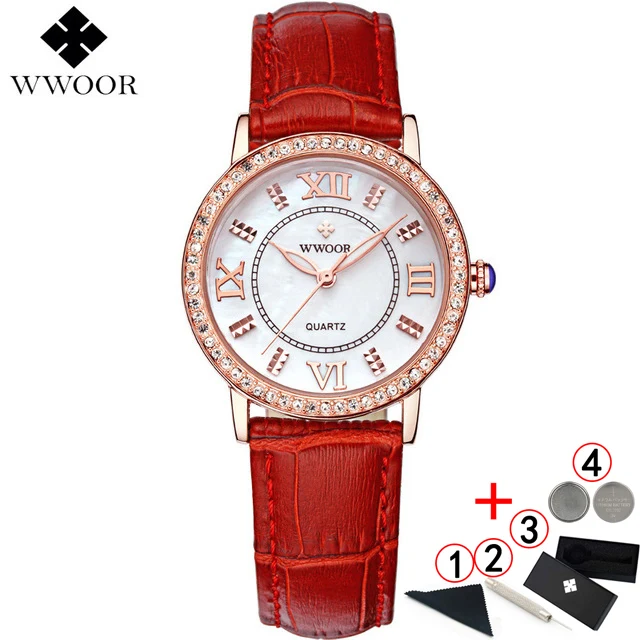 red gold box WWOOR платье часы для женщин Топ люксовый бренд Модные кожаные часы со стразами женские наручные часы красные часы Bayan Kol Saati - Цвет: red gold box