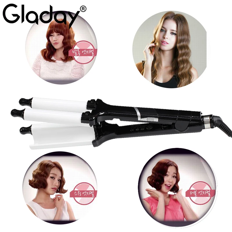 Гладей тройной баррель щипцы для завивки с анти горячей крышкой керамические