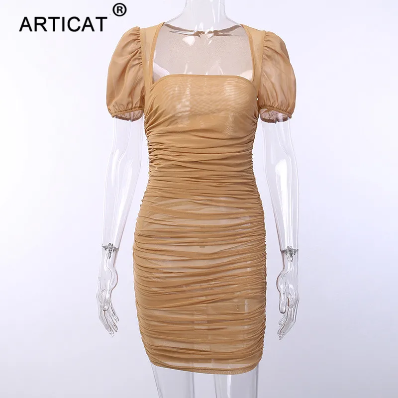 Хаки Articat, пышные рукава, с рюшами, прозрачная сетка, сексуальное летнее платье для женщин, без бретелек, плиссированное, Мини, вечерние платья, элегантные женские платья, Vestidos - Цвет: Хаки