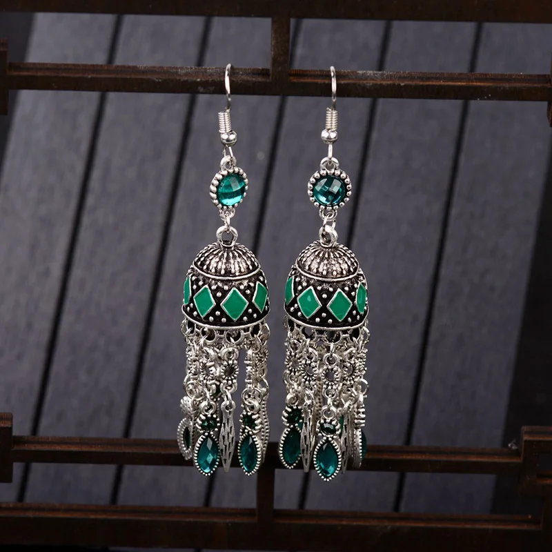 DOUVEI винтажные Синие стразы Jhumka серьги для женщин богемные бисерные кисточкой сережки oorbellen Египетский Цыганский Таиланд HXE088