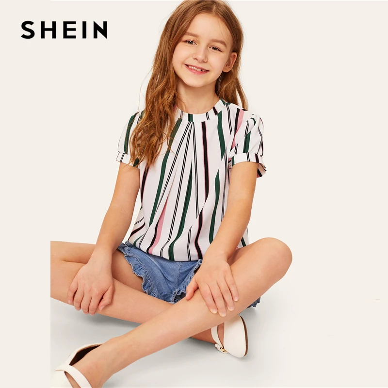 SHEIN/Повседневная плиссированная блузка в полоску для девочек; топы для подростков; коллекция года; сезон лето; блузка с отворачивающимися рукавами и пуговицами сзади; рубашки