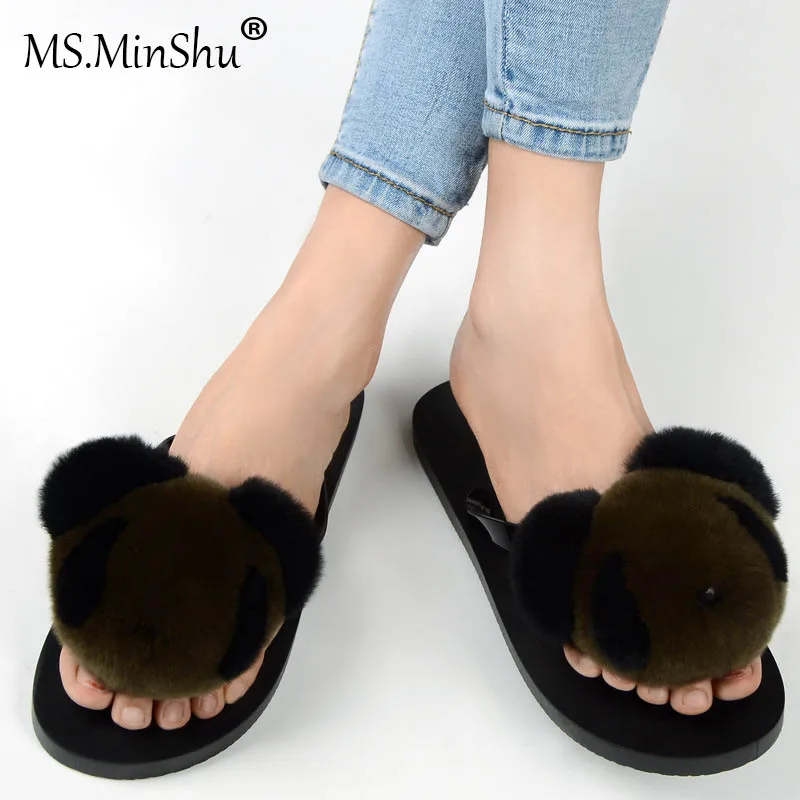 MS. MinShu/женские Вьетнамки с помпонами из натурального меха тапочки на плоской