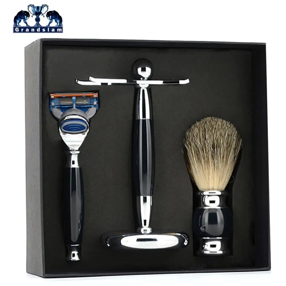 Black Resin Grandslam 3в1 безопасная бритва, набор для бритья, 5 слоев, ручная Безопасная бритва+ щетка для бритья из барсука+ подставка для бритвы - Цвет: Black Resin