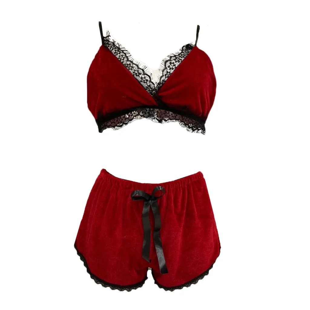 Womail Fashion Sexy Eyelash Lace Lingerie Velvet Bodydoll Bowknot Sleepwear Pajamas Set pyjamas women sexy lingerie C30213 | Женская