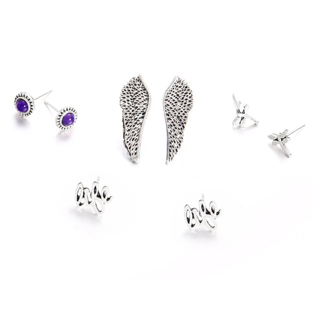 8 шт./компл. Мода Boho Винтаж Silver Wing Стрекоза серьги гвоздики Комплект уха Pendientes Brincos