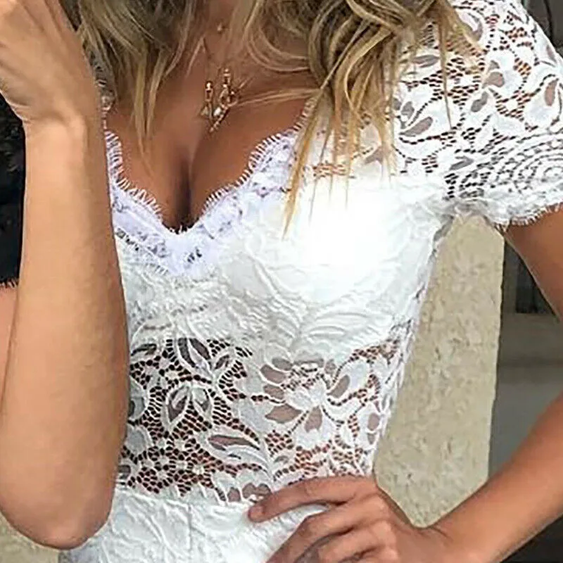 Боди женское модное с V образным вырезом короткий рукав кружевной Облегающий