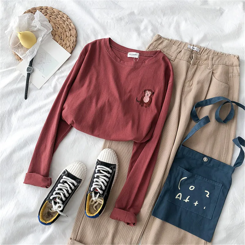 Maroon Забавный мультфильм животных вышивка футболка Femme Harajuku Винтаж Хлопок Уличная Повседневная конфеты Kawaii женские футболки топы - Цвет: Maroon