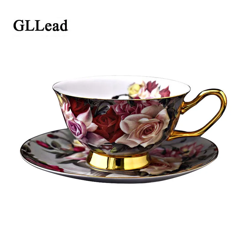 GLLead креативный цветок розы костяного фарфора кофейная чашка и блюдце в золотистой оправе цветочная керамическая чайная чашка послеобеденные чайные наборы чашек