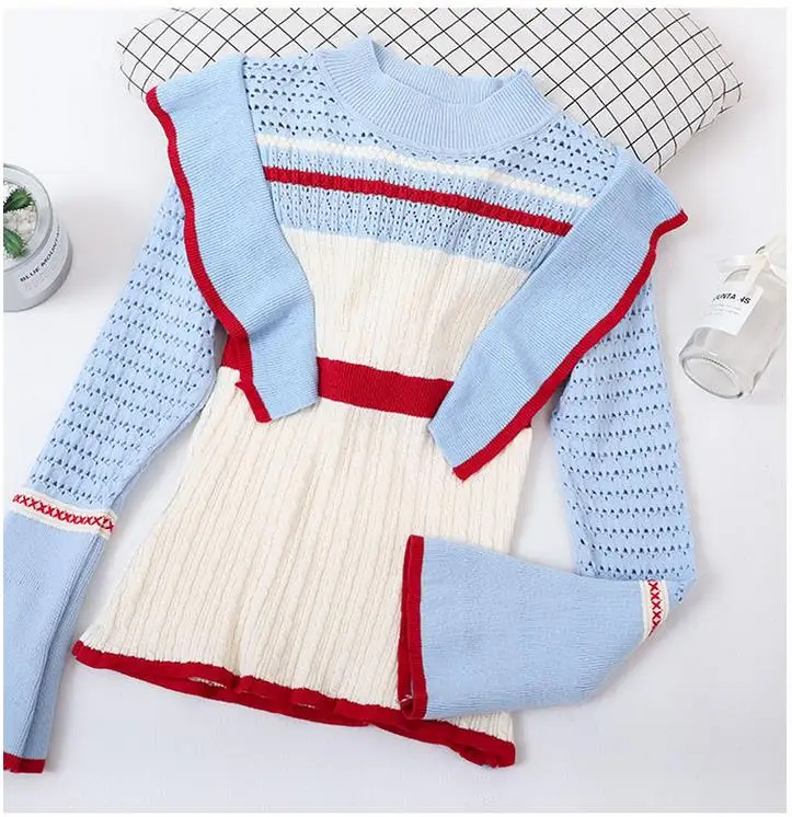 20118 Winter Long Sleeve Ruffles Sweaters Women Sweet Dresses Lady Flare Sweater Knit Tops | Женская одежда