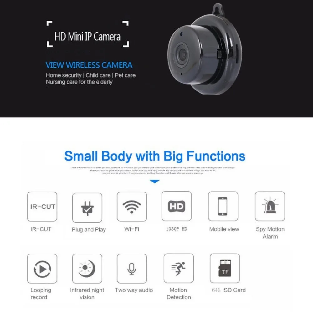 Беспроводная мини Wi Fi IP камера HD 1080P умная домашняя видеонаблюдения с ночным