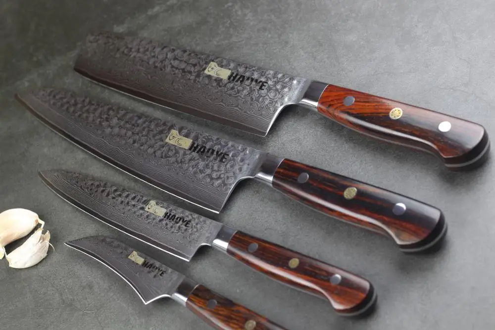 4 шт. Дамасские кухонные ножи повара накири набор с ручкой из палисандра три