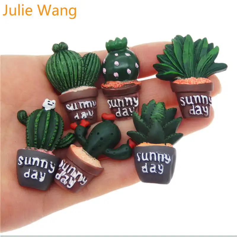 Кактус из смолы Julie Wang 6 шт. с плоской задней поверхностью зеленый в горшках