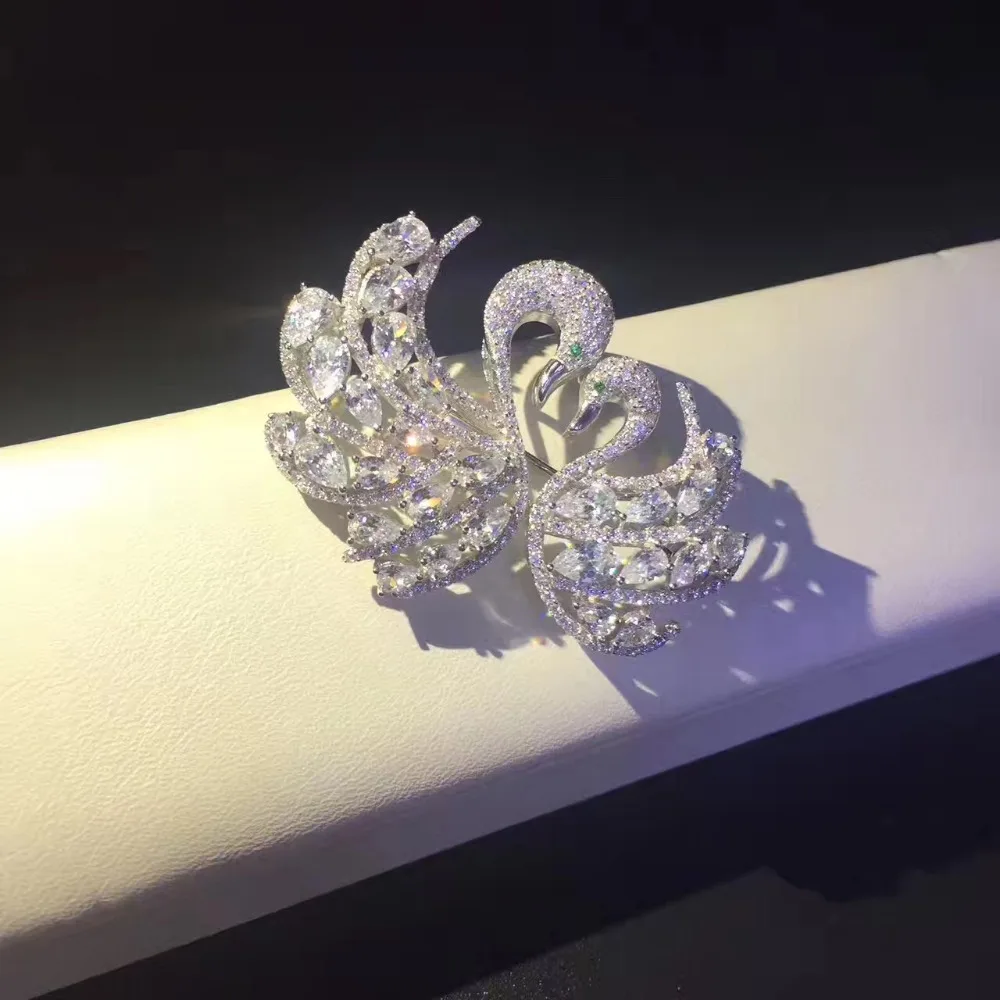 Серебро 925 пробы с кубическим цирконием двойная брошь в виде лебедей шпильки