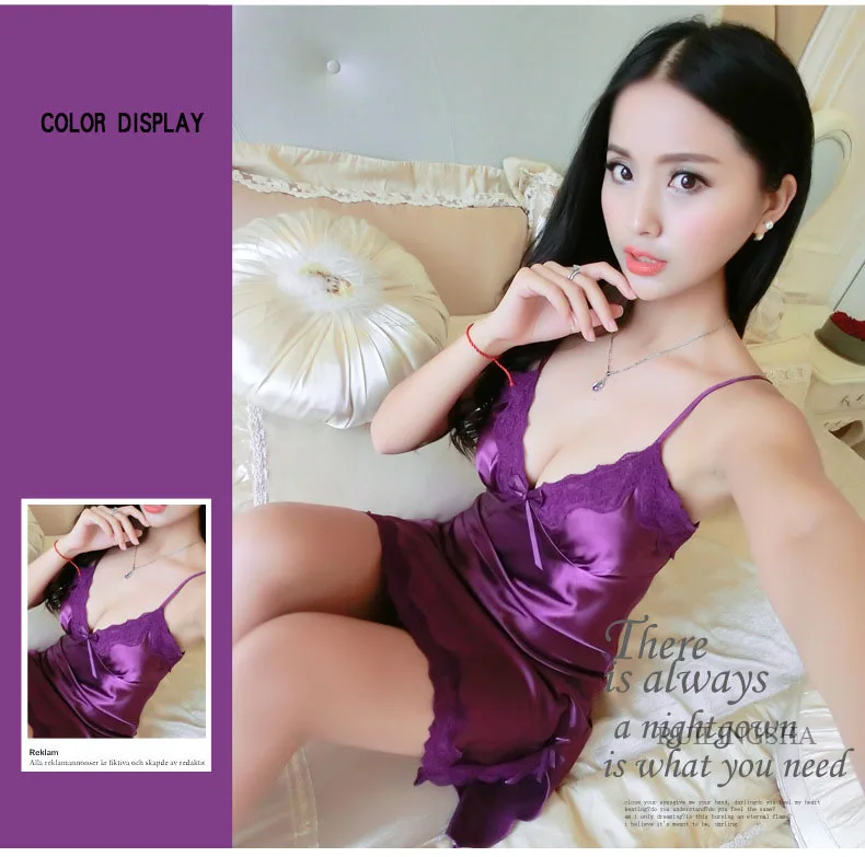 Women Short Sexy Lace Nightwear Satin Silk Sleepwear Spaghetti Strap Sleepshirts Pink Nightdress Lingerie Night Wear Dress Gown