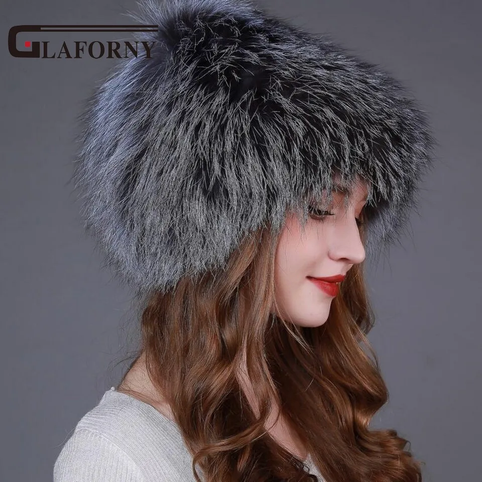 Glaforny Новое поступление вязаные шапки из меха серебристой лисы женские зимние