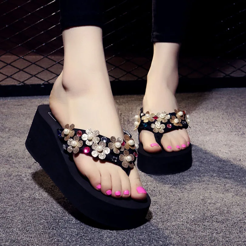 Шлепанцы ручной работы с блестящими цветами для женщин пляжные шлепанцы в