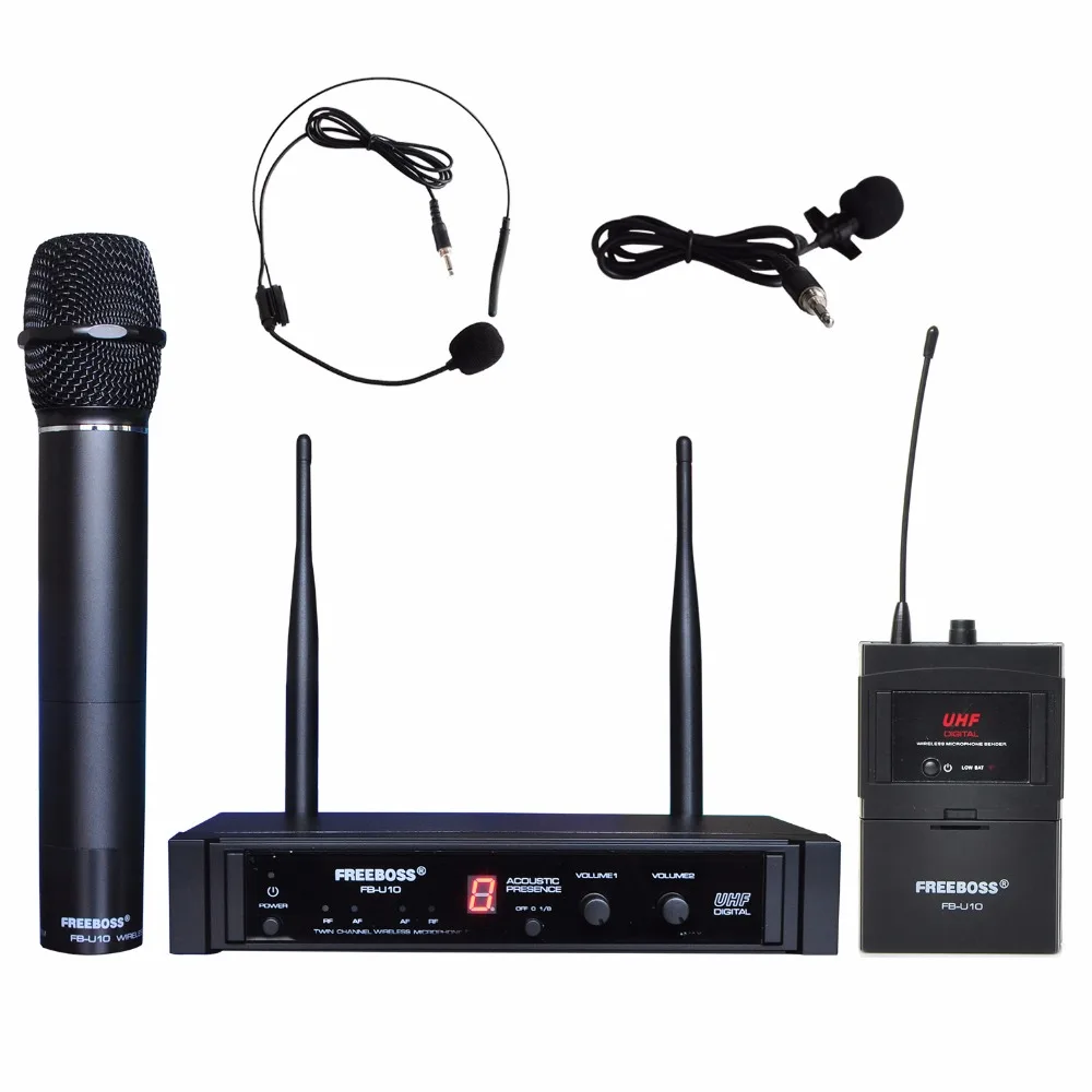 Freeboss FB-U10H двухполосный передатчик цифровой UHF беспроводной микрофон с ручной+ отворотом+ гарнитура микрофон для караоке