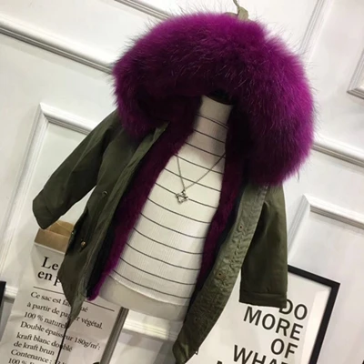 Green Purple Зимнее пальто для девочек куртки с подкладкой из кроличьего меха детская верхняя одежда для малышей Детская куртка-парка с капюшоном из меха енота для мальчиков TZ332 - Цвет: Green Purple