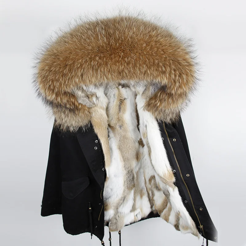 

2023 Fashion army green woman Large raccoon fur collar hooded coat parkas outwear detachable rabbit fur lining winter jacket