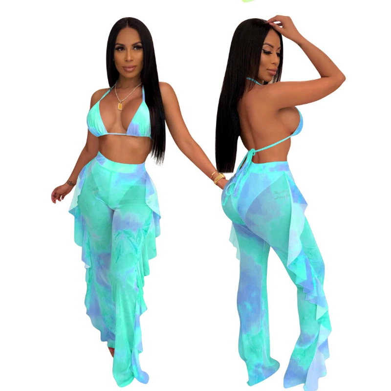 

Women Summer Two Piece Sets Printed Mesh Halter Bra Backless Vest +Ruffles Long Pants Lady Sexy Mesh Outfits Women Summer Sets