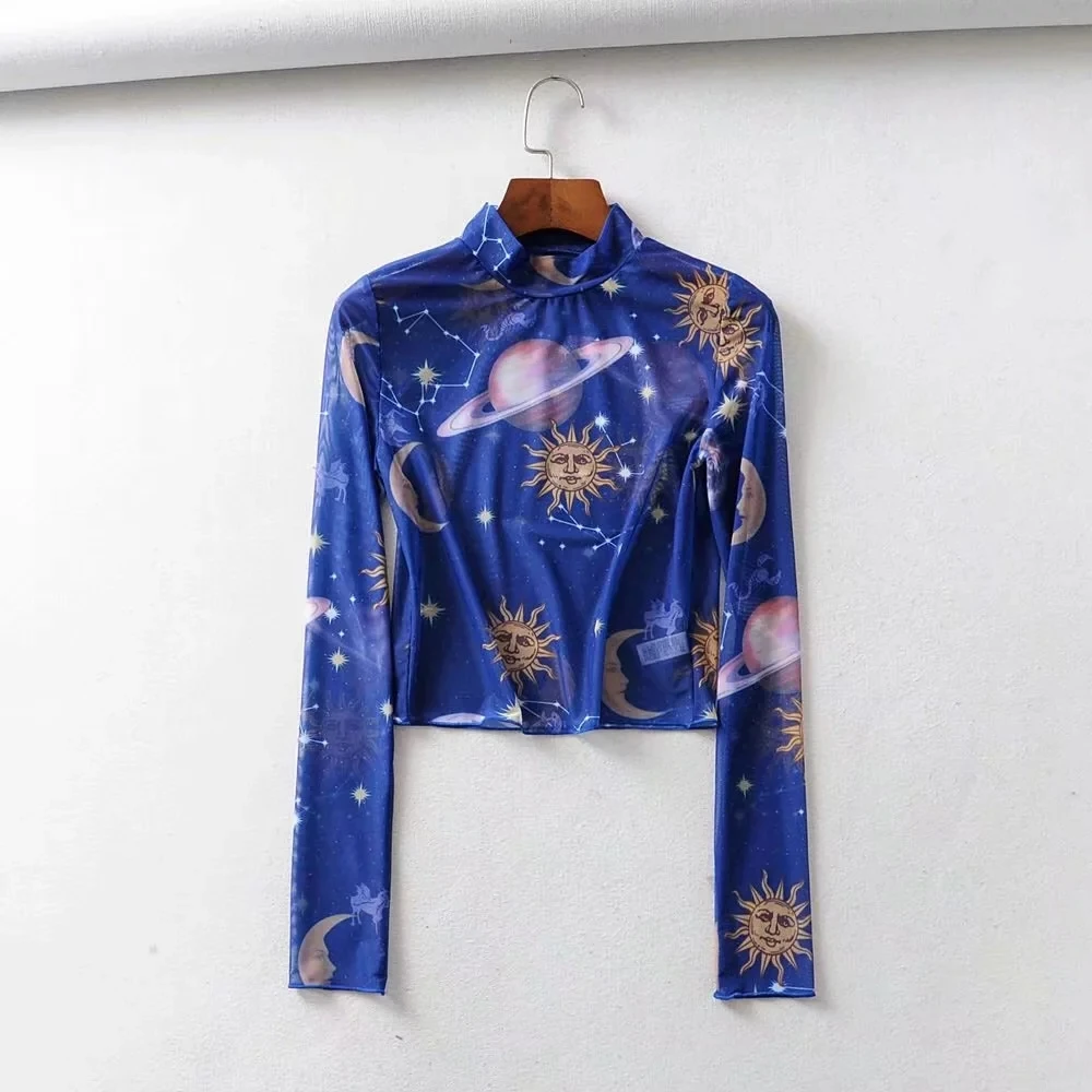 2019 богемный с длинными рукавами шикарный принт сетчатый топ летние пикантные О