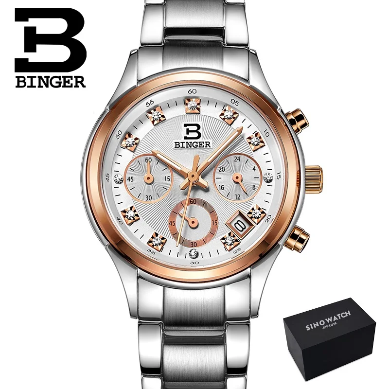 MS-silver Rgold Binger женские часы швейцарские Роскошные Кварцевые водонепроницаемые женские часы с ремешком из натуральной кожи наручные часы с хронографом BG6019 - Цвет: MS-silver Rgold