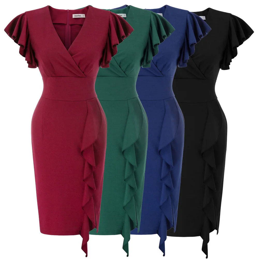 Женское платье с рюшами и v-образным вырезом элегантное сексуальное офисное для